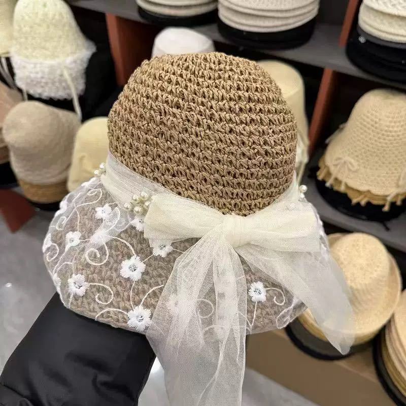 Mori seaside travel lace daisy floral straw hat summer women's gentle mesh breathable sunscreen big brim sun hat