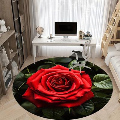 Romantic Red Rose Round Area Rug, Soft Non-Slip Machine Washable Floor Mat for Living Room Bedroom Chair Game Room Decor