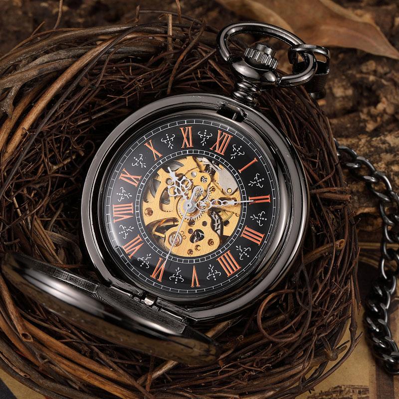 Vintage Bronze Skeleton Mechanical Pocket Watch Men Roman Dial Steampunk Hand Wind Pendant Clock Chain Watch Reloj De Bolsillo