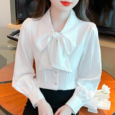 New 2024 Fashion Autumn Long Sleeve Bow Lace Up Turn Down Collar White Chiffon Blouse Shirt Women Tops Blouses Shirts J507