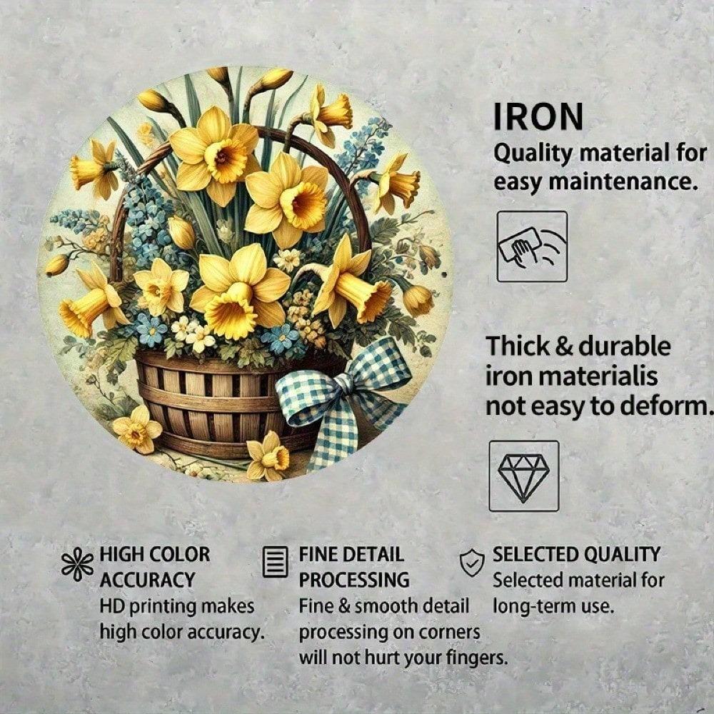 Spring Wreath Door Sign 8x8in, Metal Round with Daffodils & Bells, Waterproof Print