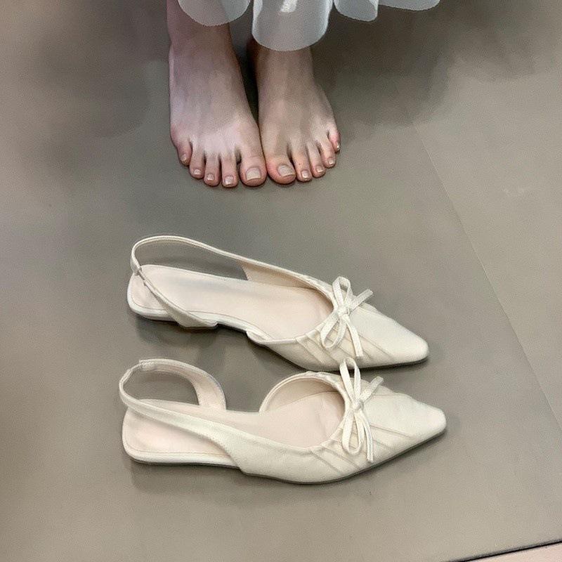 Trendy Pointed Wrinkled Bow Bag Head Sandals Women's Summer Slope Heel Empty Single Shoes