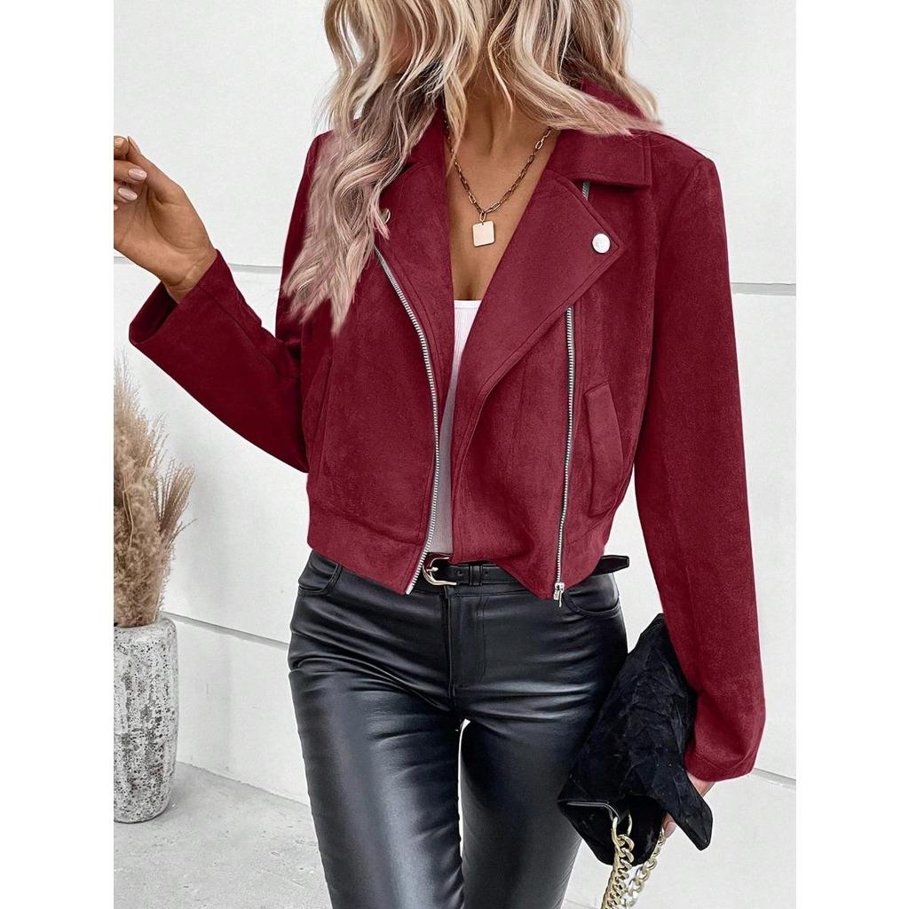 New Winter Women's Slim Short Lapel Zipper Jacket Faux Suede Outerwear for Europe and America