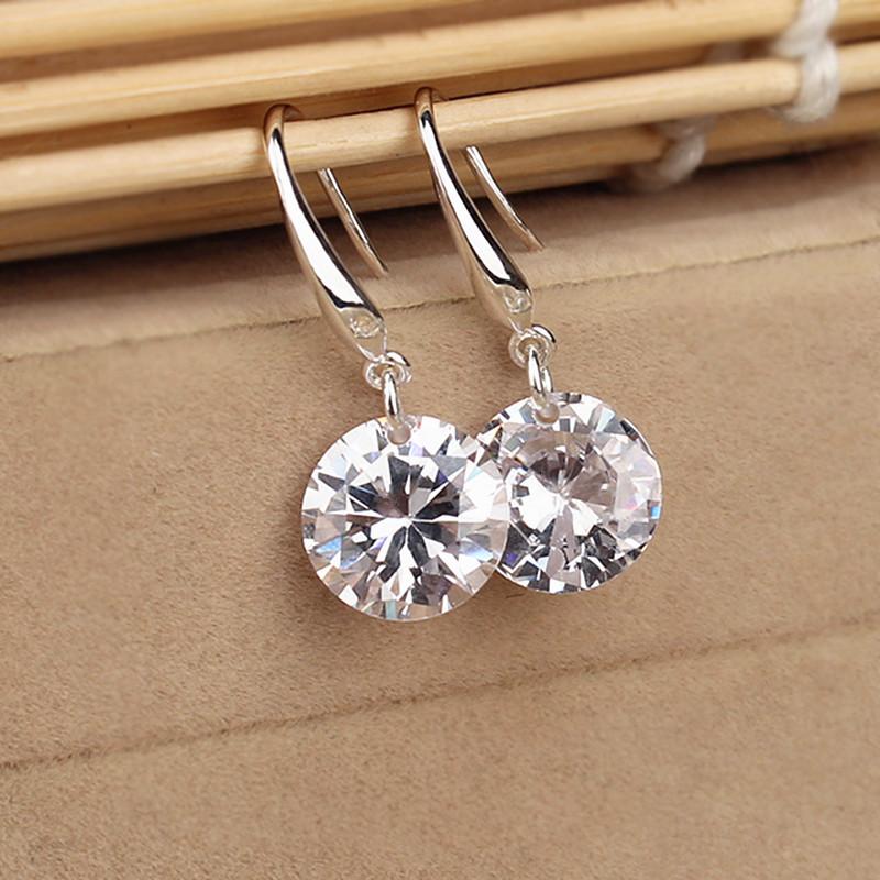 Round Crystal Zircon Drop Earrings for Women Golden Silver Hook Earrings Brief Wedding Party Jewelry Gift