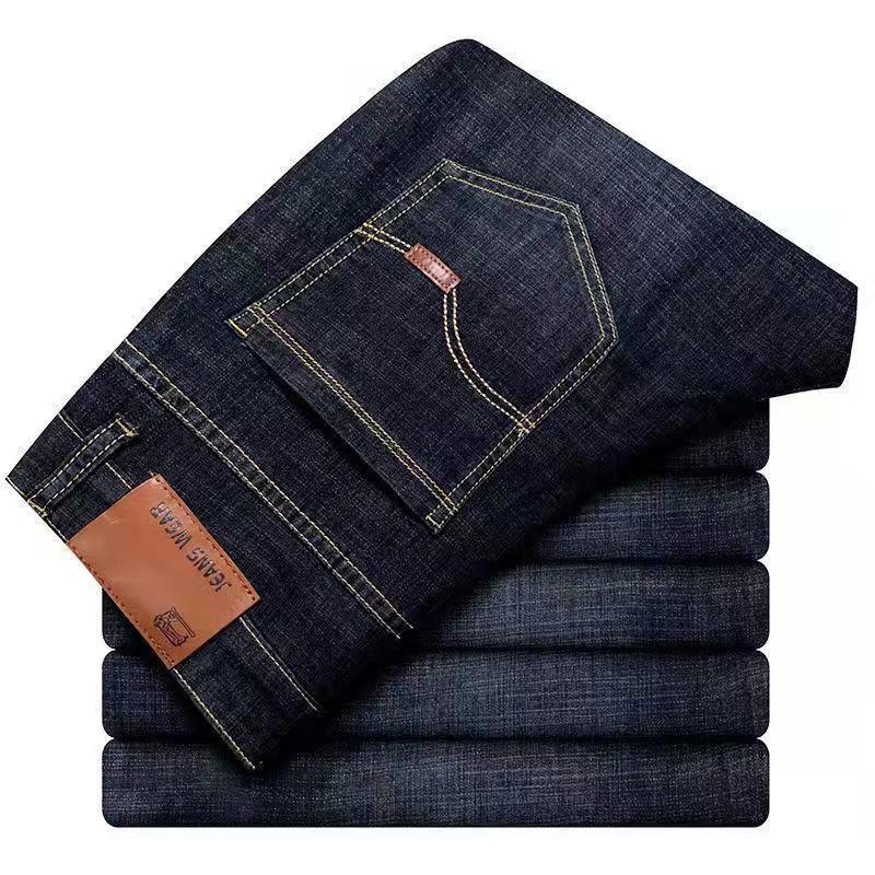 Men's Elastic Straight-Leg Casual Denim Pants - Loose Fit for Middle-Aged Dads