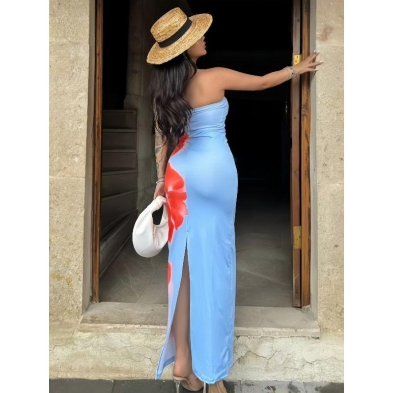 Western Style Women clothes 2024 Summer New Fashion Sexy Slim fit Print Wrap-around Split Dress