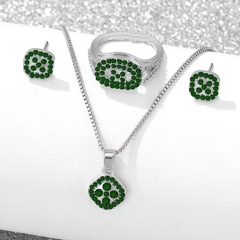 Square Rhinestone Jewelry Set, Shiny Bridal Necklace Earrings Ring 3-Piece Set 8