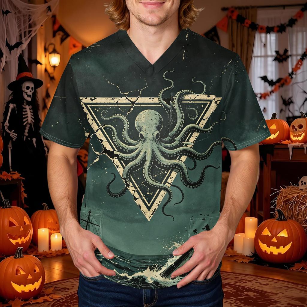 Herren Halloween Print V-Ausschnitt Kasack mit Tasche Kurzarm Uniformhemd