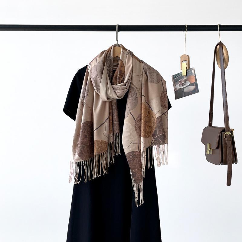 Long Digital Print Cashmere-Like Scarf, Leaf & Orange Design with Tassels, Warm Coffee Color Shawl for Women, Perfect for Spring & Autumn