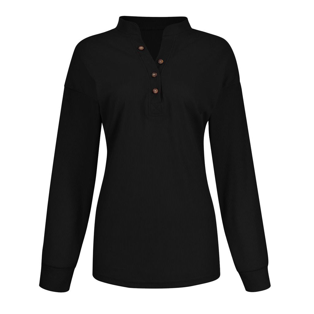 Women's Casual T-Shirt Buttons V-Neck Long-sleeved Knitted Shirt Blouse Tops