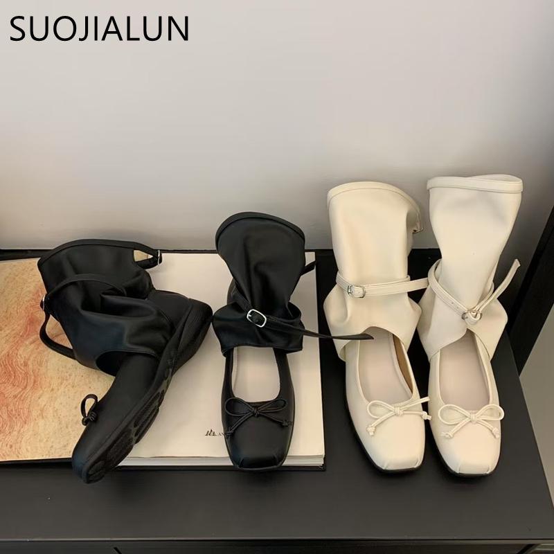 Fashion SUOJIALUN Autumn Women Medium Boots Round Toe Hollow Ladies Elegant Outdoor Dress Short Boots Flat Heel Outdoor Chelsea Boots