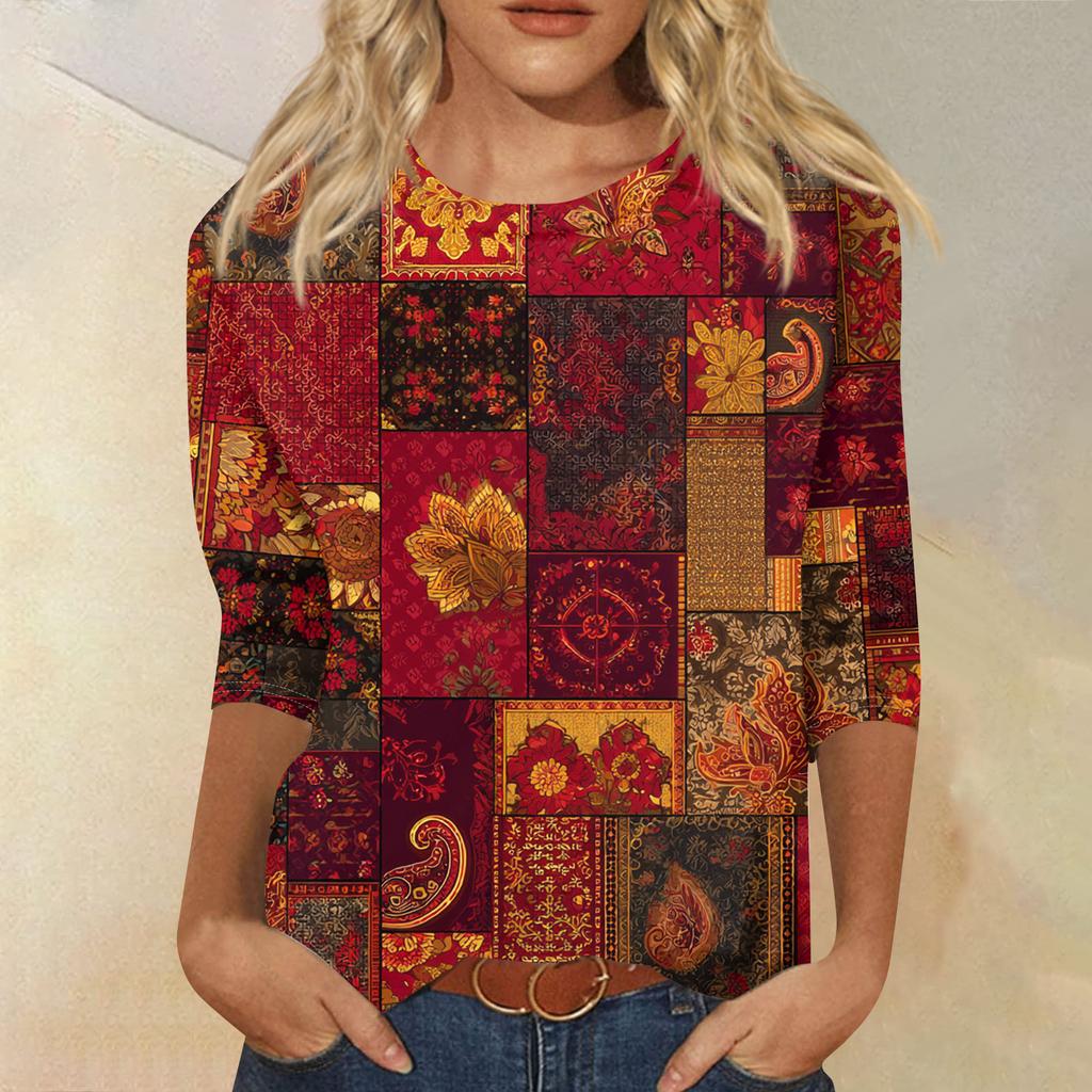 Women's Fashion Casual Round Neck Three-quarter Sleeve Retro Floral Print T-shirt Top