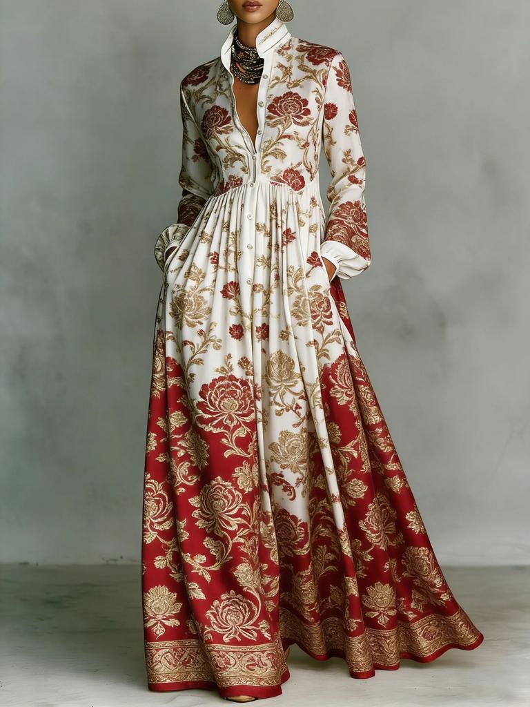Cross-border European and American French Waist Slim Long-sleeved Printed Dress Elegant Retro Casual Dress Resort Style Women's Clothing