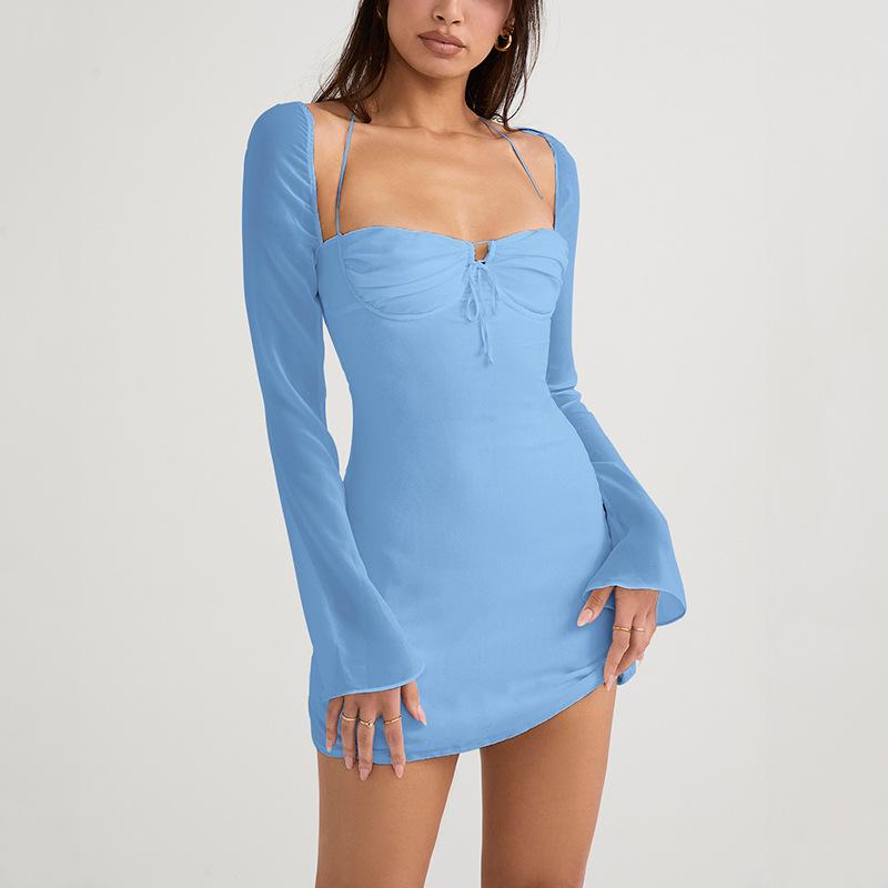 European and American women s clothing new sexy square neck pleated halter horn long sleeve neck skirt, dress XS