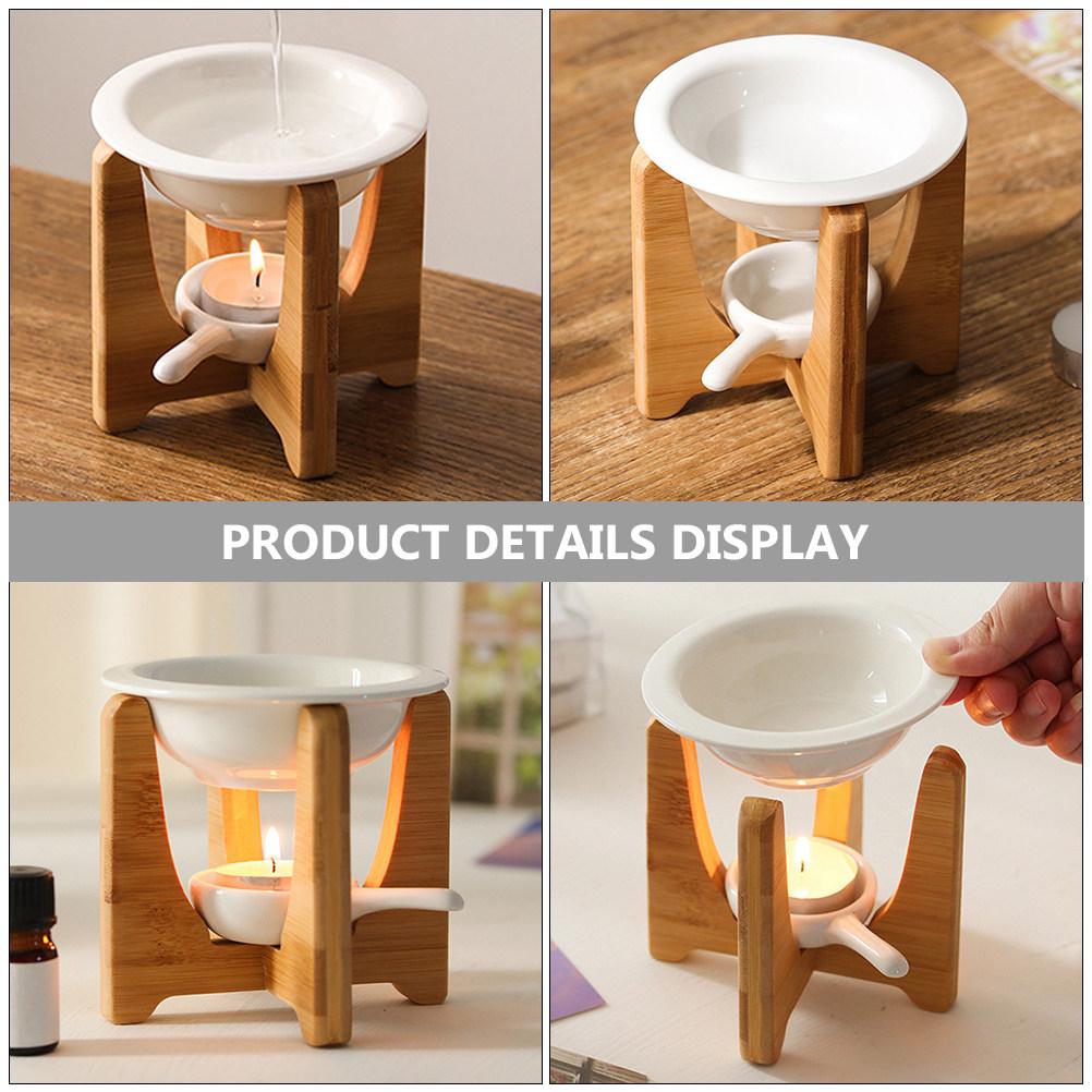 1Set Bamboo Essential Oil Burner Ceramic Tealight Wax Melt Warmer Decorative Aroma Diffuser Holder for Home Yoga Spa