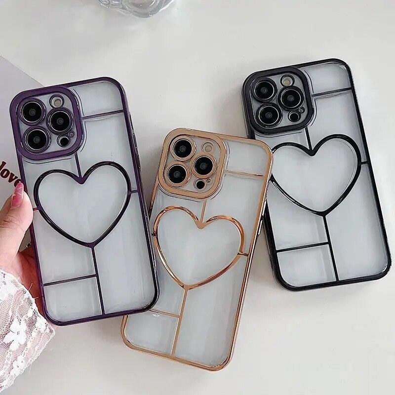 Luxury Electroplate Love Heart Phone Case For iPhone 11 Case Iphone 13 12 14 15 Pro Max 14 15 Plus Shockproof Bumper Clear Cover