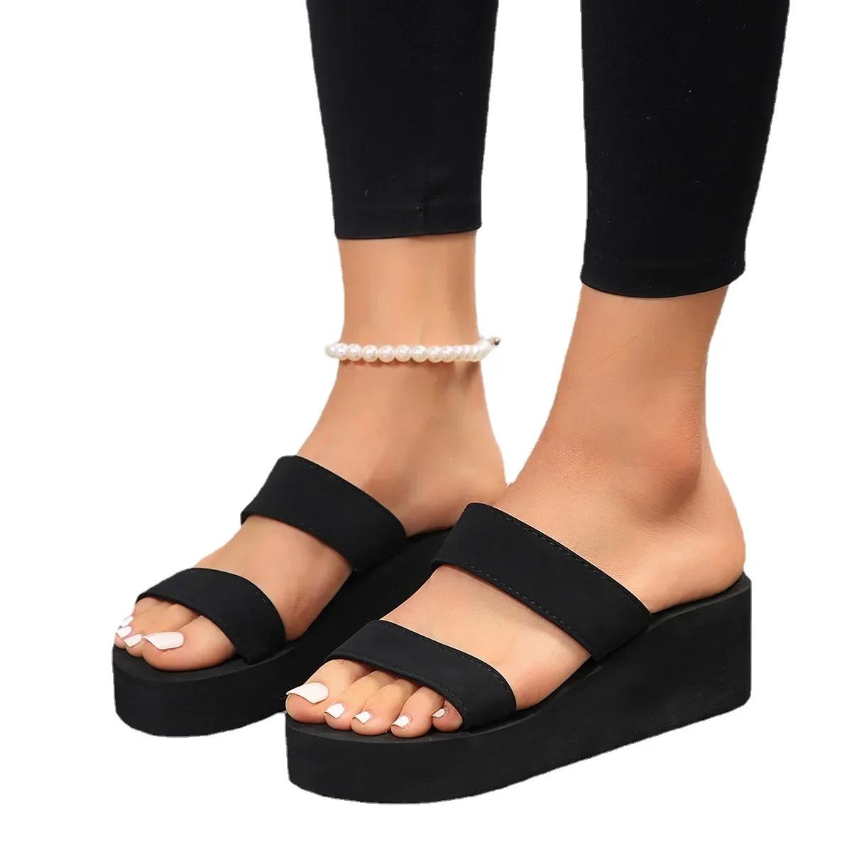 

Женские сандалии на танкетке с толстой подошвой, сандалии на высоком каблуке, летняя повседневная женская обувь, пляжные шлепанцы, однотонные шлепанцы, женские тапочки 42 чёрный