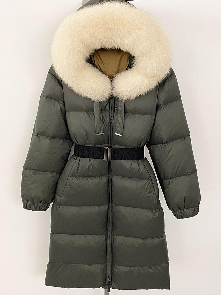 

OFTBUY Зимнее женское пальто с воротником из натурального меха лисы, толстая теплая короткая куртка, повседневная белая утиная пуховая куртка с поясом, с капюшоном, длинная S