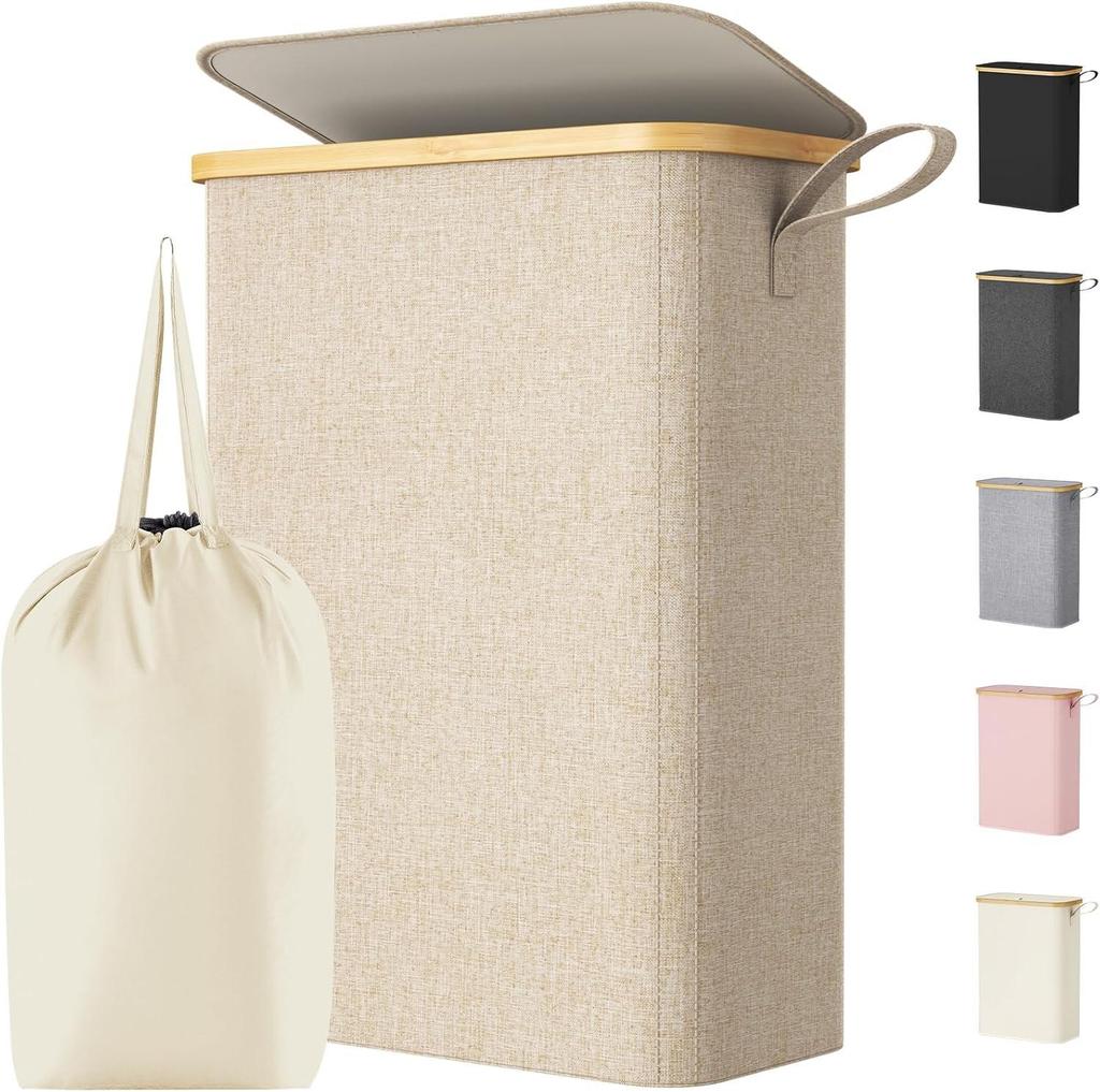 Foldable Bamboo Laundry Hamper with Lid and Inner Bag for Bedroom Storage.
