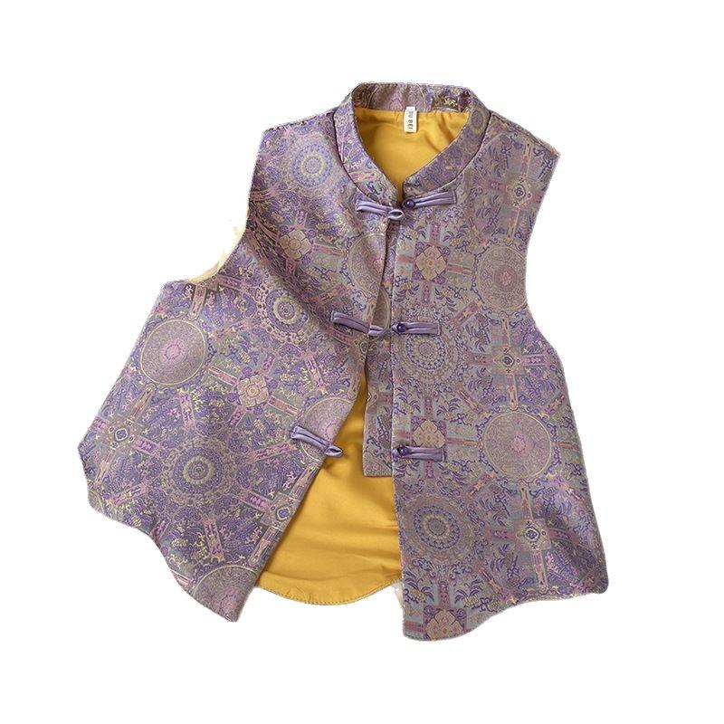 Bada Haojing pattern imitation disc buckle stand-up collar clothing fabric star with the same vest women's top satin cloth