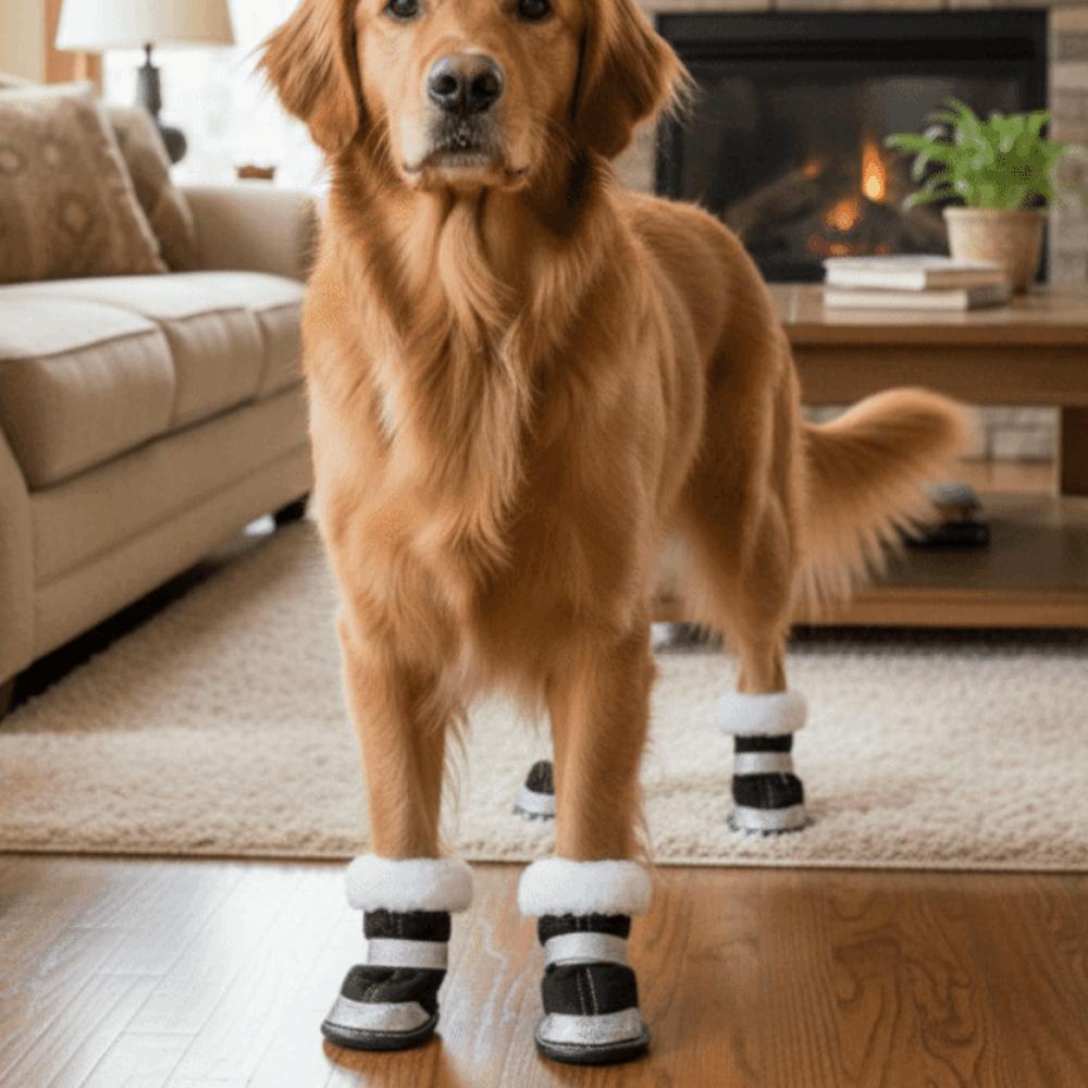 4 Stück/Set Reflektierende Wasserdichte Winter-Hundeschuhe Verdickte Warme Anti-Rutsch-Hundeschuhe Weiche Sohle Samt Haustier-Schneestiefel Schneewandern