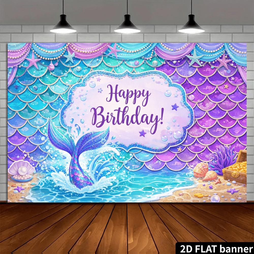 Ein 2D flacher Geburtstagsbanner-Hintergrund im natürlichen Stil mit Meerjungfrauenflossen und Unterwasserschätzen als Thema