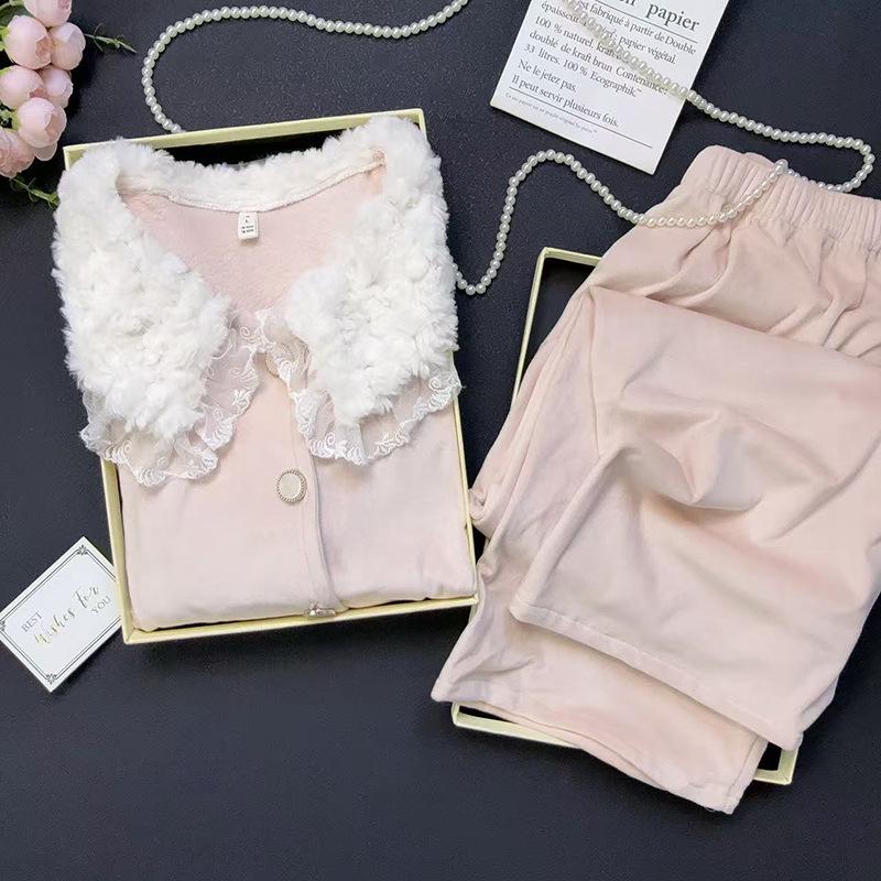 

Бархатная пижама 2025 для женщин: Пушистый, Теплый Комплект с Длинным Рукавом и Брюками, Сладкий Девичий Стиль, Для Дома/Улицы Medium розовый
