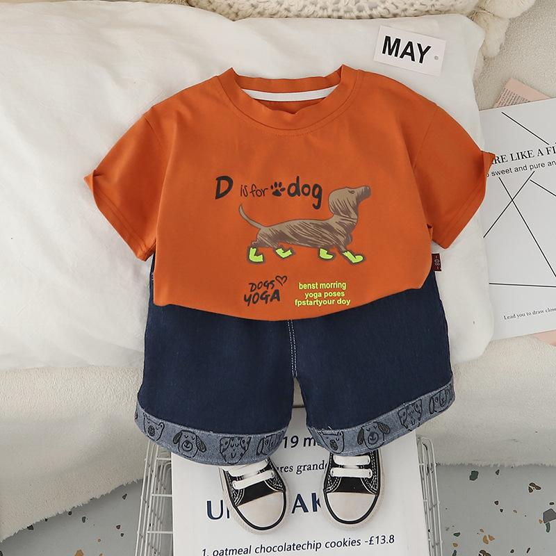 

Летний наряд для мальчиков Тонкий мультяшный детский комплект с короткими рукавами Летняя футболка+шорты Комплект из двух предметов 120 оранжевый