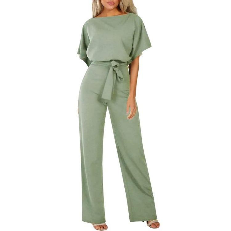 Elegant Women Slimming Jumpsuit with Batwing Short Sleeve and Lace Up Waist Solid Color Commuting Pantis Fashion Outfit