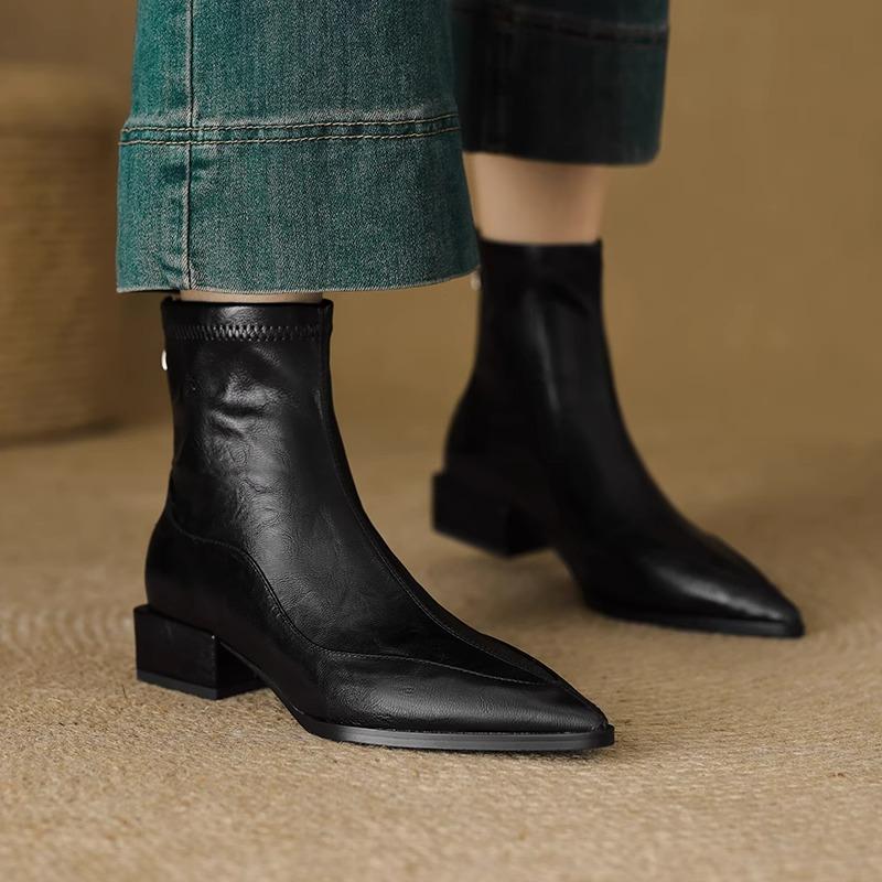 Pointed-toe Shoes, Thick-heeled Ankle Boots, New Versatile Boots for Women, Adding Fleece