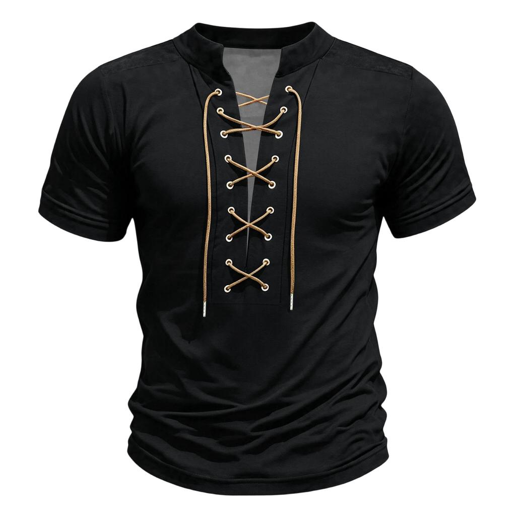 Men's Retro Casual Short Sleeve V-Neck Lace-Up Shirt