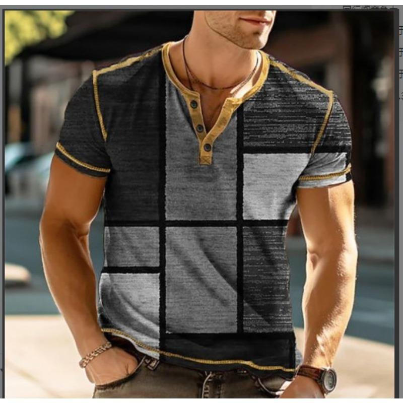 Simple Plaid 3D Printed Stand-Up Collar Men'S Casual Short-Sleeved T-Shirt