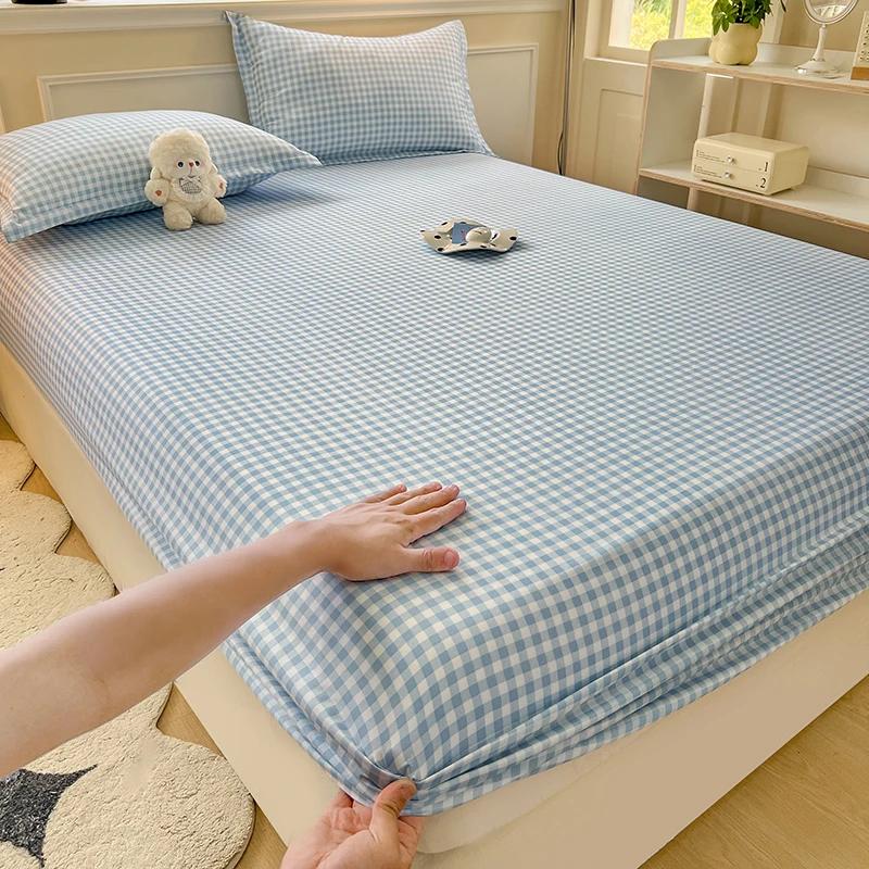 Plaid Fitted Sheet With Elastic Band Non Slip Adjustable Mattress Cover Soft Comfortable For Single Double King Queen Size