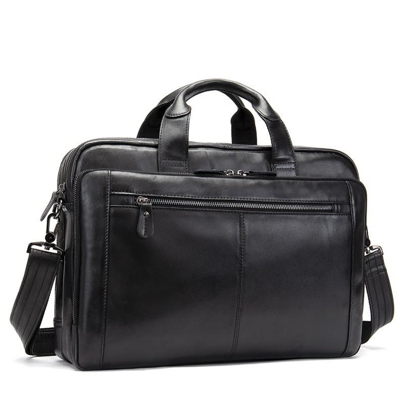 Men s Handbag Genuine Leather Business Bag Double Zipper Briefcase 17 Inch Cowhide Computer чёрный