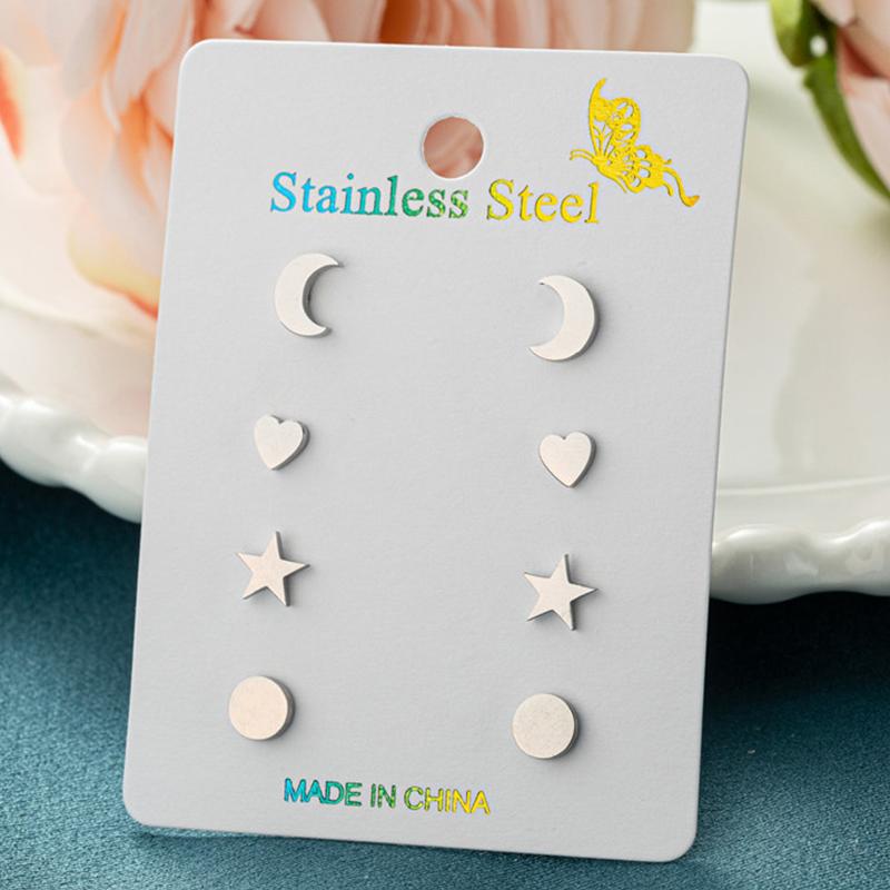 4Pairs/Lot Fashion Stainless Steel Star Moon Stud Earrings Sets for Women Small Flower Porker Dog Earings Jewelry Gift
