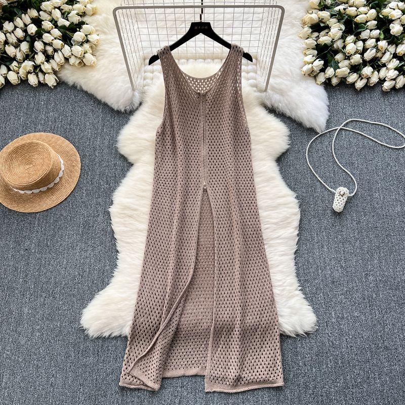 

Fashionable Bandage Dress Stylish Zipper Split Vest Tops Khaki All yards