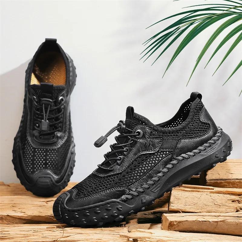 Large Men's Casual Shoes Summer 2026 Outdoor Mesh Breathable Comfortable Non Slip Hiking Shoes Fashion Vintage Flats Zapatillas
