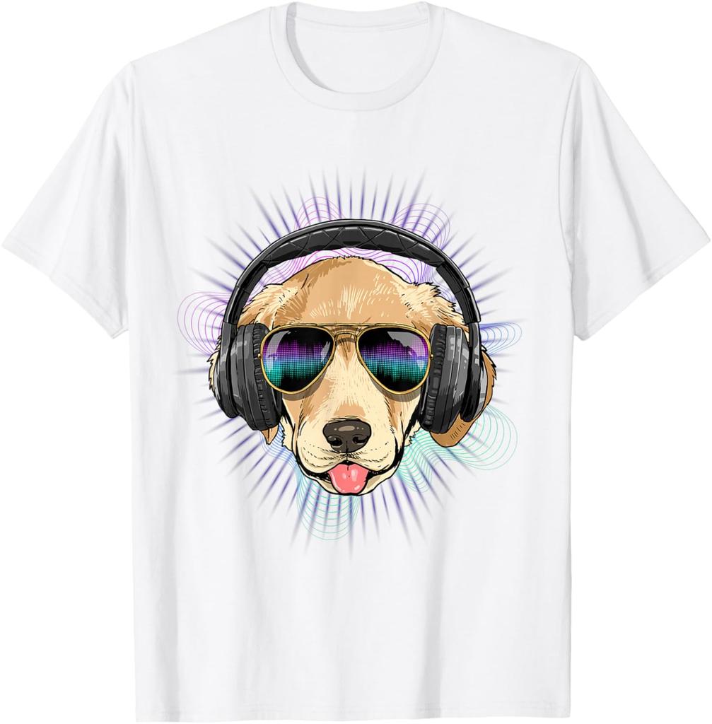 Cool Golden Retriever DJ Music Lover Graphic Tee Breathable Cotton Casual Trip T-Shirt