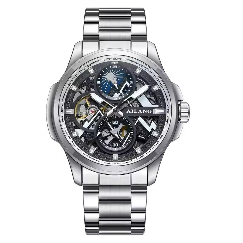 AILANG Multifunctional MenMechanical Watch Hollow Tourbillon Automatic Wristwatch Waterproof Luminous Bracelet Moon Phase Dial