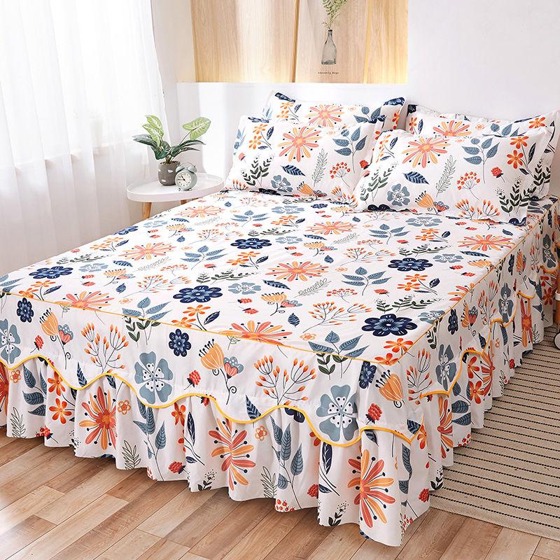 Floral Bedspread Brushed Sanding Bed Skirt King Queen Size Soft Comfortable Double Layer Bed Cover for Cozy Sleep