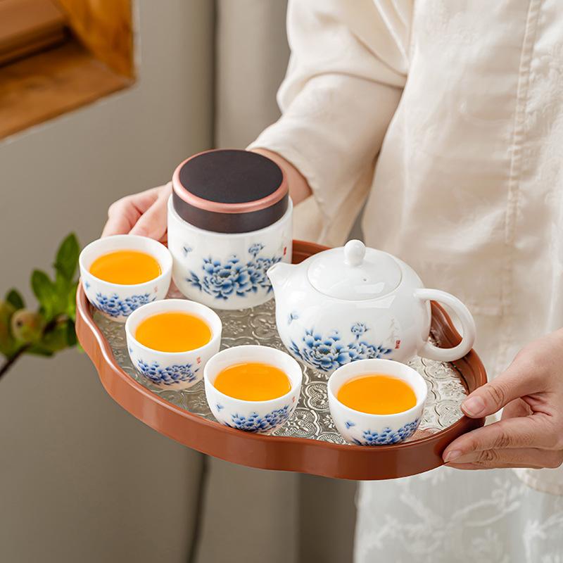 Light luxury business gifts travel tea set ceramic convenient suet jade tea cup outdoor storage bag kung fu tea set