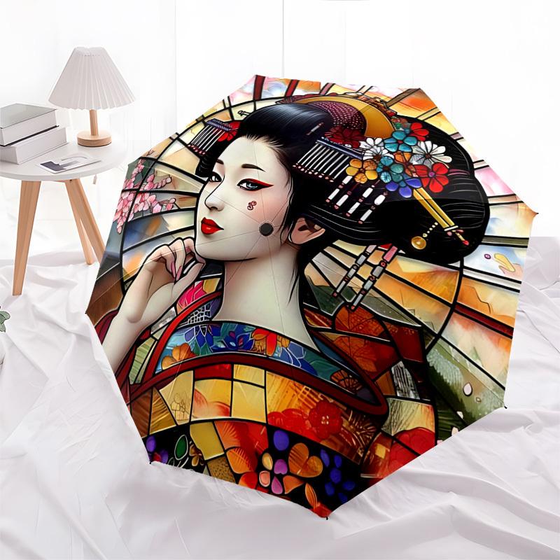 Geisha Themed Automatic Opening and Closing Umbrella, Brightly Colored 8-rib Portable Umbrella, Suitable for Men and Women, A Perfect Gift f