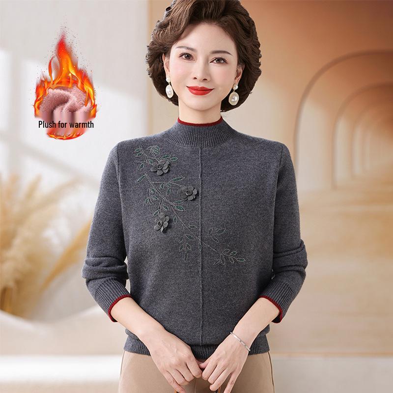Winter Velvet Sweater: Versatile Long Sleeve Knitwear for Middle-Aged & Elderly Women