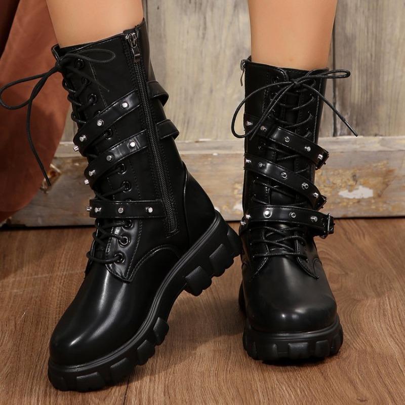 Thick-soled Martin Boots Women's Autumn and Winter New Round Toe Belt Buckle Motorcycle Boots with Fleece Women's Boots