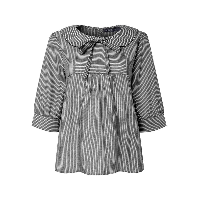 ZANZEA Women Doll Collar Loose Casual Half Sleeve Stripe Blouse M чёрный