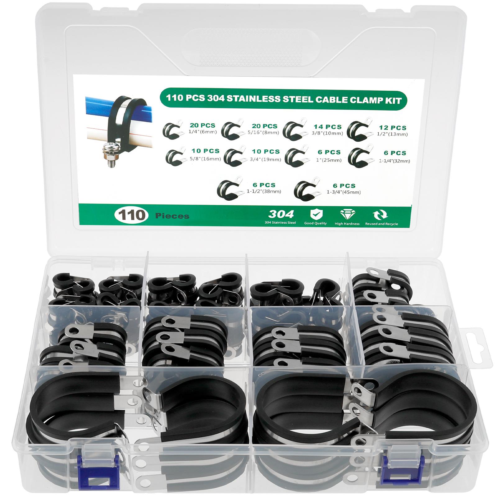 

Cable Clamps Assortment Kit Stainless Steel Rubbe Cushioned Cushion Pipe Clamp Hose Metal Fuel Line Hose Water Air Tube Clip Set
