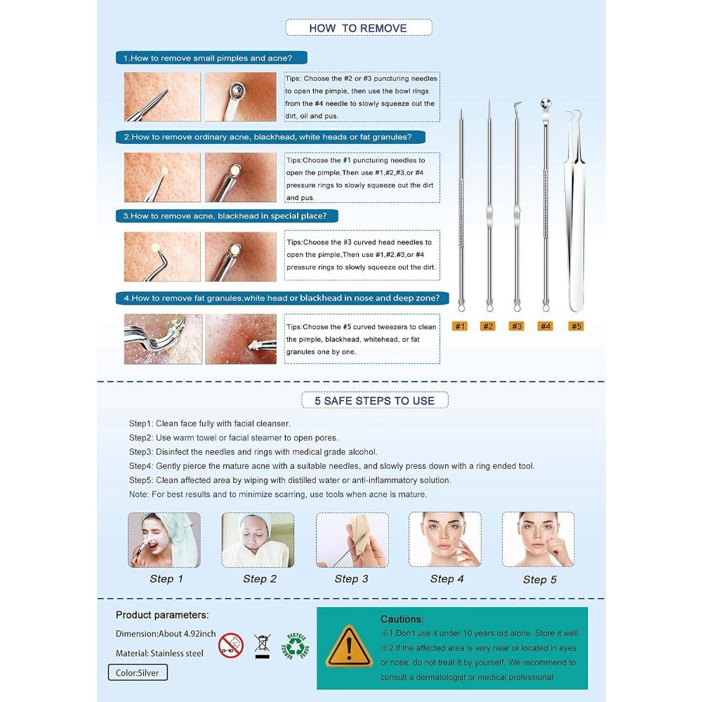 Acne Needle Tool Sets 5 Pcs Stainless Steel Blackhead Remover Pimple Tweezers Extractor Comedone Extractor Tool Blemish Remover Kit with Case