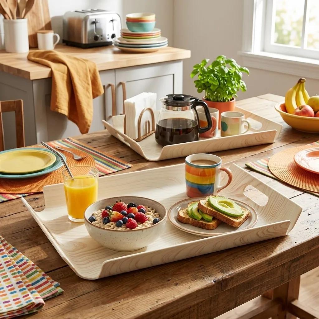 Wood Grain Plastic Serving Tray with Handles Rectangular Food Breakfast Tea Coffee Tray Kitchen Organizers Perfume Storage Tray