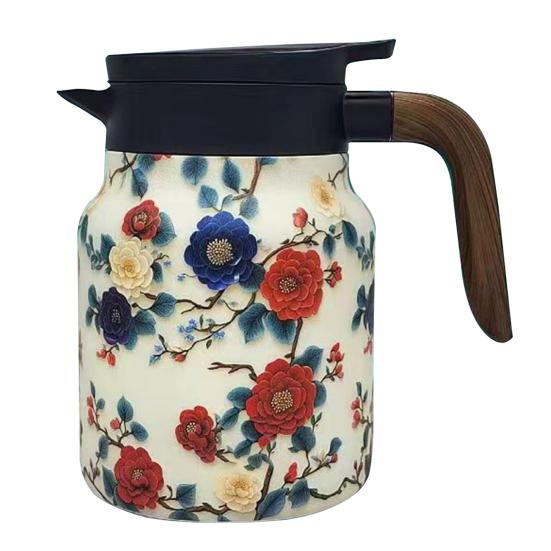 Vintage čajová konvice s květinovým vzorem s vestavěným filtrem Výlevka ve tvaru písmene V Tlaková vodní infuzér Čajová konvička 1000 ml Nerezová izolovaná čajová konvice