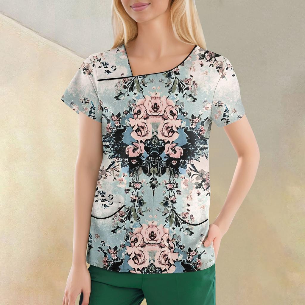 Women's Casual  Print Short Sleeve Sloping Collar Workwear Top With Double Pockets
